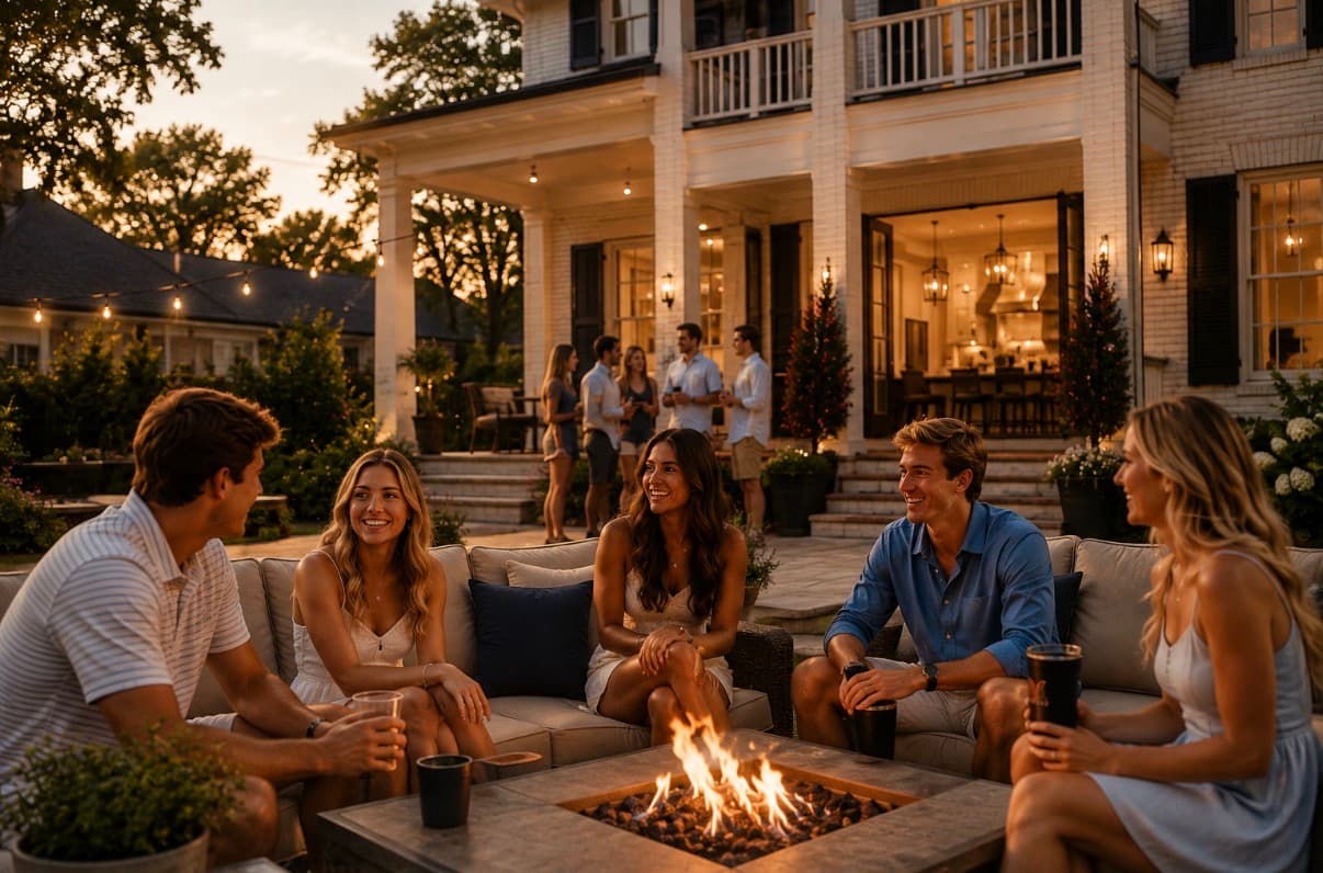 Students gathered around an outdoor fire pit at dusk on an Oxford patio